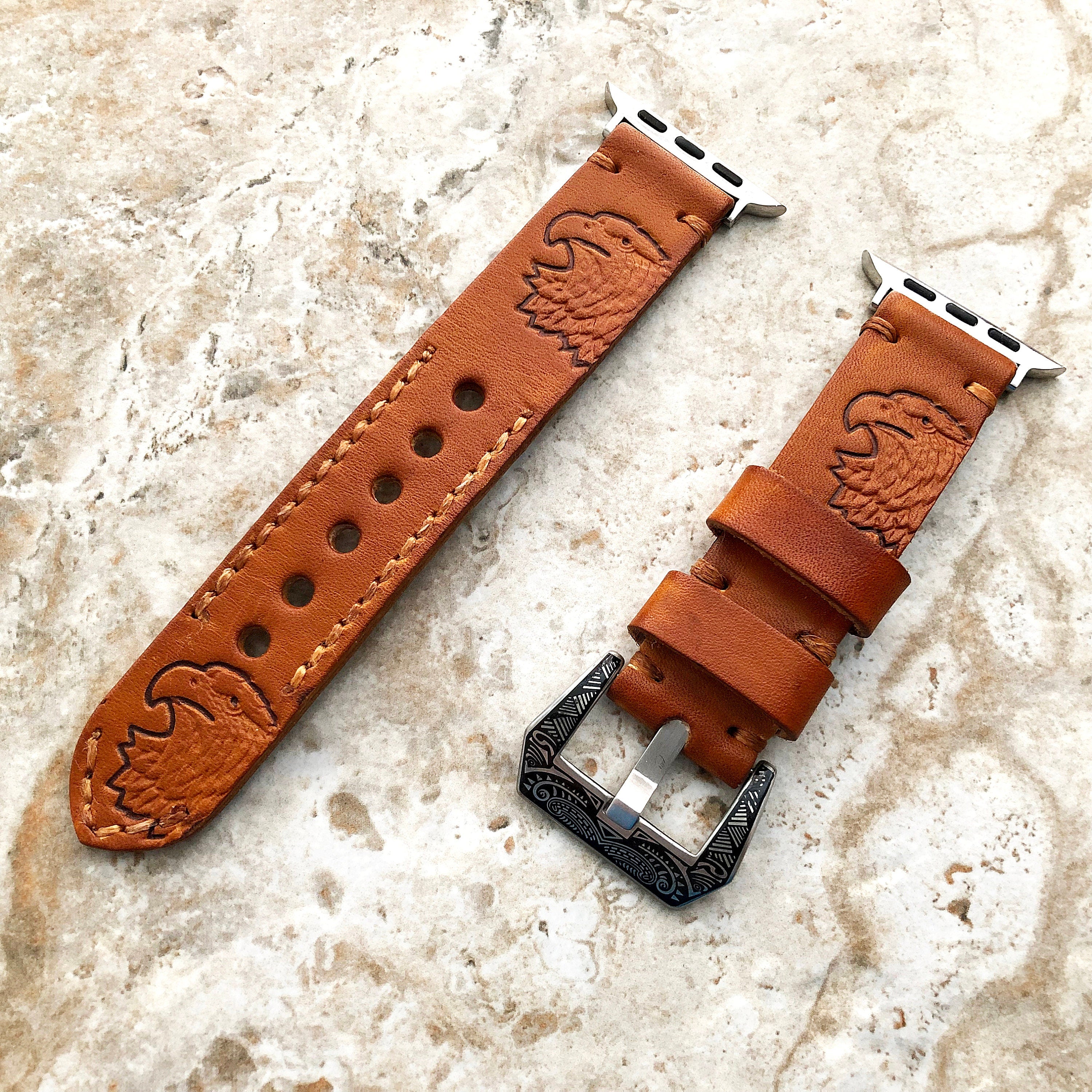 Apple Watch Ultra 2 and 9 8 Series Genuine Leather Eagle Brown Band for iWatch 41mm 45mm 49mm Handmade Embossed Tooled Strap Bracelet